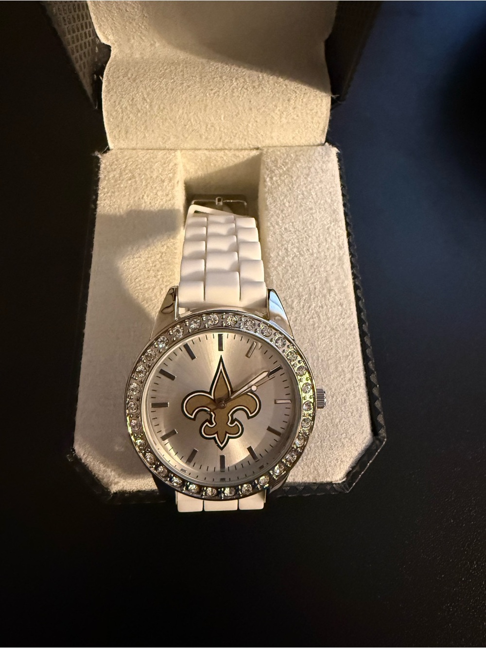 White Fleur-de-Lis Accent Watch with Rhinestone Bezel